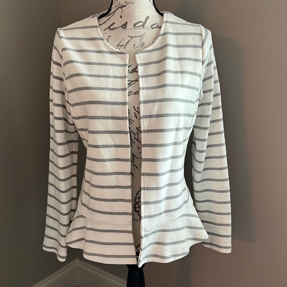 Jane and Delancey Jackets & Blazers - Gray striped Peplum Knit Ruffle Hem Jacket